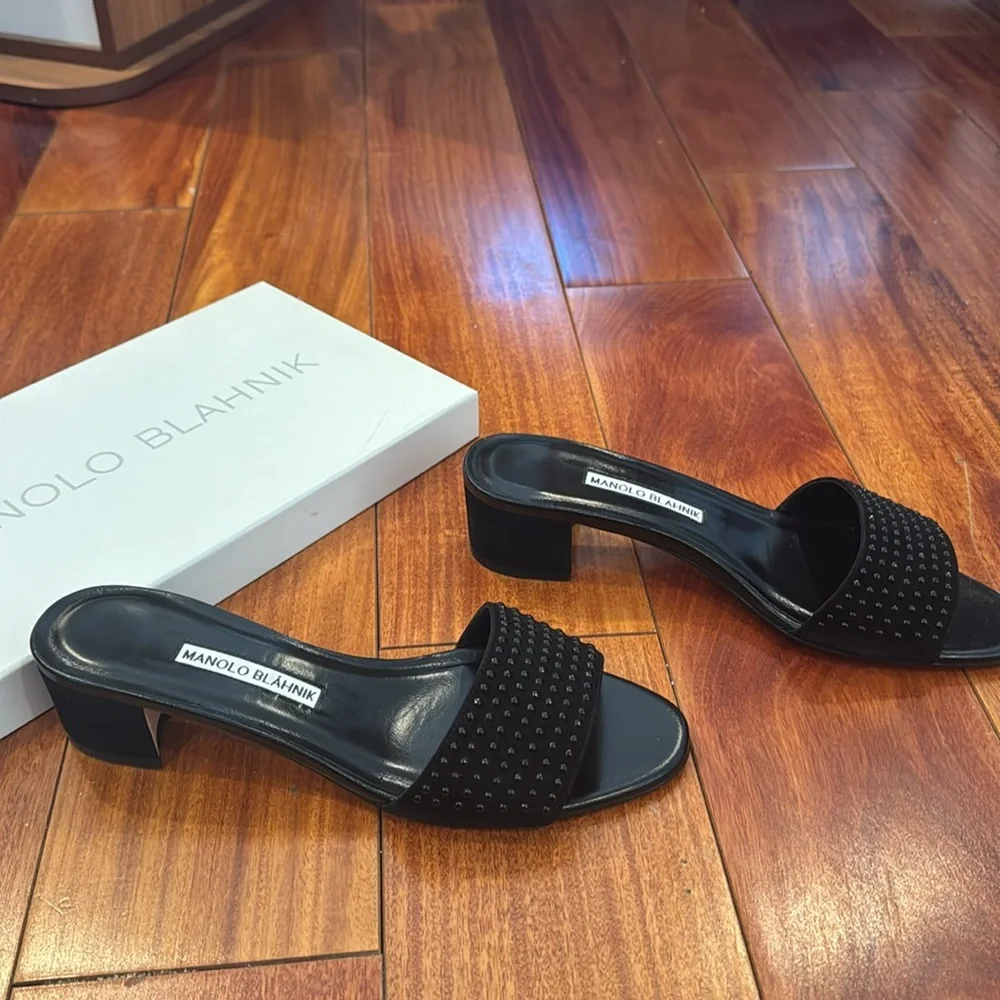 Manolo Blahnik Black Embellished Mules NWOT - Picture 3 of 8